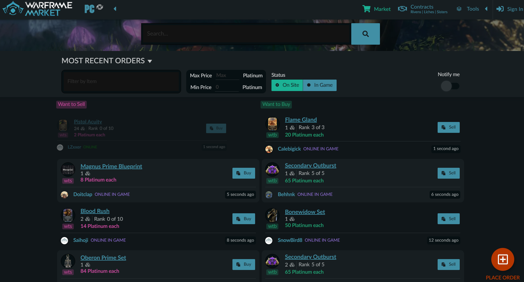 Screenshot of warframe.market homepage